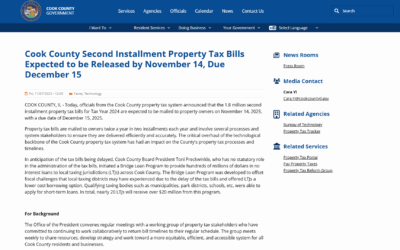 Cook County Second Installment Property Tax Bills Expected to be Released by November 14, Due December 15